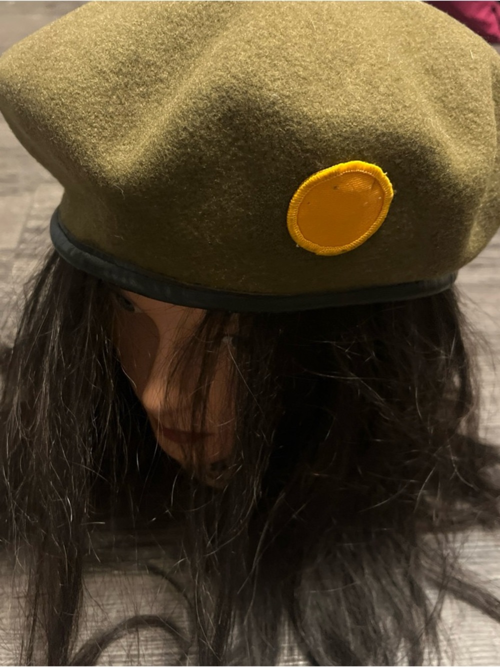 Olive Green Wool Beret with Yellow Accent - Men's Hat